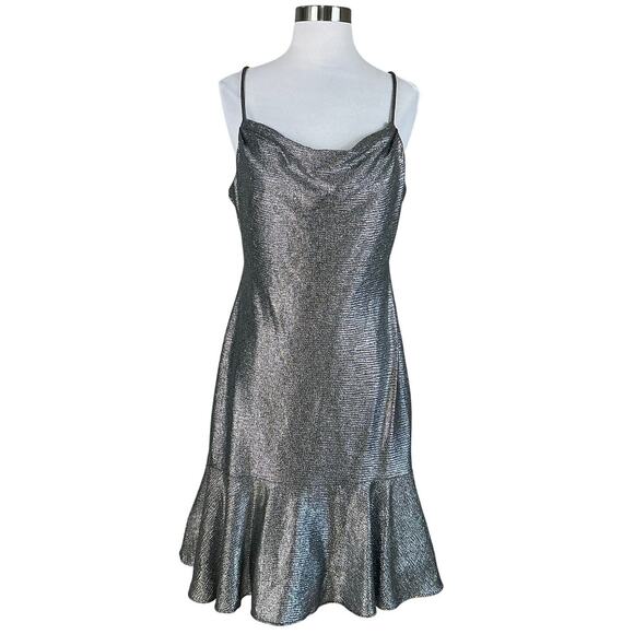 Silver Metallic Sleeveless Midi Sheath Cocktail Dress Size 10 Nightway Cowl Neck - Picture 1 of 13